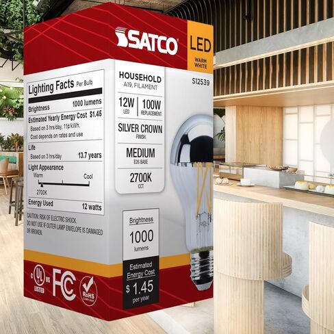 Satco LED A19 LAMP 12W 100W مكافئ 2700K دافئ أبيض 90+ CRI Silver Crown قاعدة 120 فولت Dimmable - الجزء S12539 (2 عبوة) in Saudi Arabia
