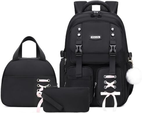 حقيبة ظهر للبنات مع صندوق الغداء والقلم الرصاص ، سفر Daypack حقيبة ظهر لطيفة للمراهقين للبنات الطلاب (الأسود والأرجواني) in Saudi Arabia