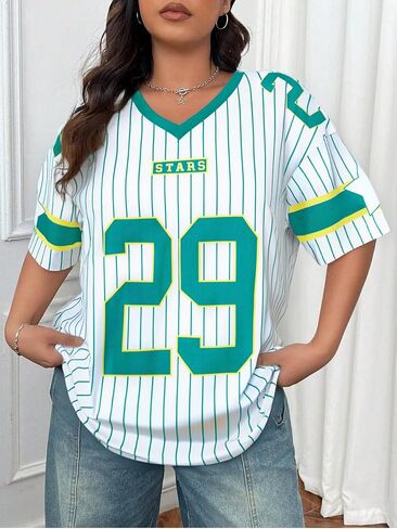 Jersey Shirts for Women Oversized: Y2K V Neck Striped Number Graphic Jersey Y2K Streetwear Short Sleeve Tee Tops in Saudi Arabia