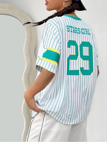 Jersey Shirts for Women Oversized: Y2K V Neck Striped Number Graphic Jersey Y2K Streetwear Short Sleeve Tee Tops in Saudi Arabia
