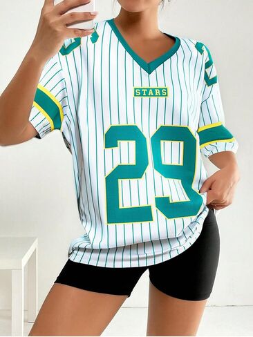 Jersey Shirts for Women Oversized: Y2K V Neck Striped Number Graphic Jersey Y2K Streetwear Short Sleeve Tee Tops in Saudi Arabia