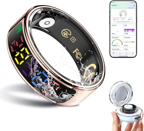Smart Ring for Women Men, Health Ring with Colorful Display, Fitness Tracker with Heart Rate, Blood Oxygen, Sleep Monitor, No Subscription Fee, 5ATM Waterproof for iPhone & Android (Rose Gold, 10) in Kuwait