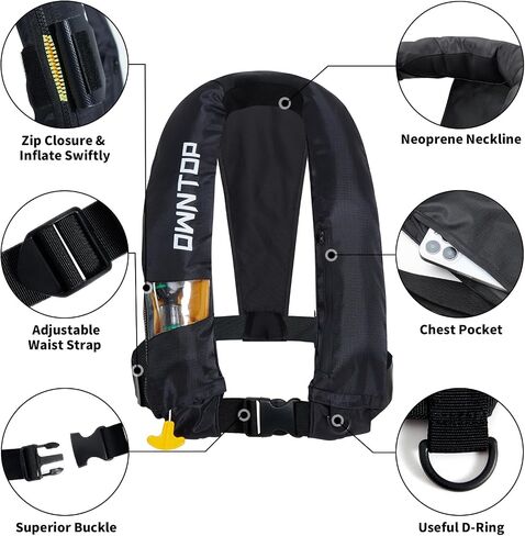 Owntop Automatic/Manual Inflatable Vest, Manual Convertible Option, Low Profile, Zipper Closure, Inflatable Fishing Jacket for Kayaking, Boating and Fishing, 24g CO2 Cylinder Included in Saudi Arabia