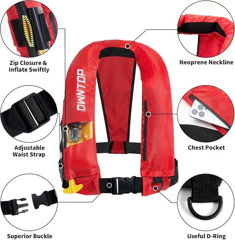 exytop التلقائي/السترة اليدوية قابلة للنفخ ، خيار قابل للتحويل اليدوي ، الانتباه المنخفض ، إغلاق السوستة ، سترة الصيد القابلة للنفخ للتجديف بالكاياك ، القوارب وصيد الأسماك ، اسطوانة 24 جرام ثاني أكسيد الكربون in Kuwait