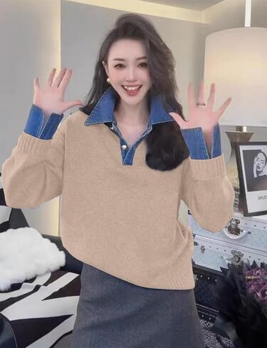 سقوط النساء ذات الأكمام الطويلة ذات الأكمام الطويلة 2 في 1 دنيم لوحة السترة السترة الخامس in Kuwait