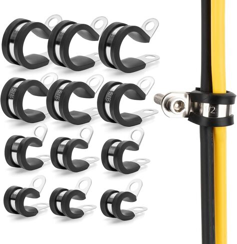 12 Pack Stainless Steel Cable Clamps - 3/8", 1/2", 5/8", 3/4" Rubber Coated Insulated Wire Clamps, Pipe Clamp for Pipe Hose Household Garden Automotive Wire Cord Installation in Saudi Arabia