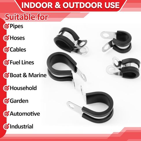 12 Pack Stainless Steel Cable Clamps - 3/8", 1/2", 5/8", 3/4" Rubber Coated Insulated Wire Clamps, Pipe Clamp for Pipe Hose Household Garden Automotive Wire Cord Installation in Saudi Arabia