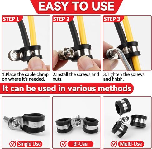 12 Pack Stainless Steel Cable Clamps - 3/8", 1/2", 5/8", 3/4" Rubber Coated Insulated Wire Clamps, Pipe Clamp for Pipe Hose Household Garden Automotive Wire Cord Installation in Saudi Arabia
