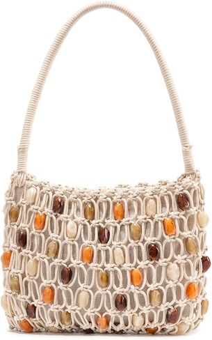 Boho Crochet Shoulder Bag for Women, Colorful Beaded Beach Tote Handbag - Lightweight Summer Knit Hobo Purse & Travel Organizer in Kuwait