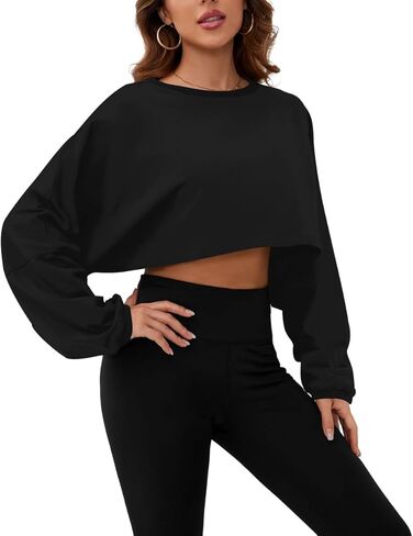 Meladyan المرأة طويلة الأكمام Crewneck المحاصيل تي شيرت البلوز عادية الصلبة فضفاضة تناسب تجريب اقتصاص البلوز التي شيرت in Saudi Arabia