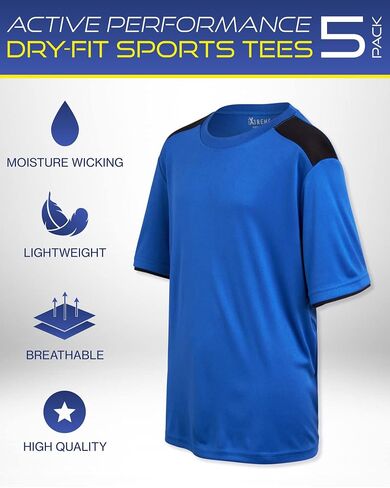 Ixtreme Boys Athletic قمصان-5 حزمة خفيفة الوزن رطوبة الأداء الجاف تناسب قمصان الأكمام القصيرة للأولاد (6-18) in Kuwait