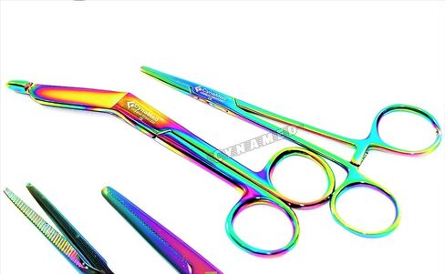 New German HEMOSTAT Forceps 5 inch Serrated Straight Multi Colored Plus Lister Bandage Scissors 5.5 inch Multi Colored Premium PASSIVATED Instruments CYNAMED in Saudi Arabia