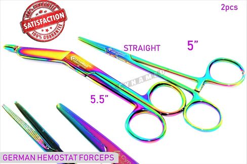 New German HEMOSTAT Forceps 5 inch Serrated Straight Multi Colored Plus Lister Bandage Scissors 5.5 inch Multi Colored Premium PASSIVATED Instruments CYNAMED in Saudi Arabia