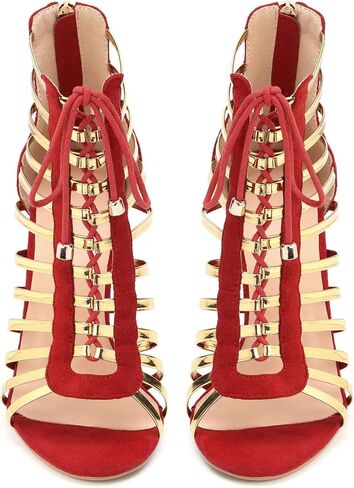 Gladiator Heels for Women Sexy Lace Up Stiletto Sandals Gold Strappy Cage Heels Dressy Party Club Shoes with Zipper in Kuwait
