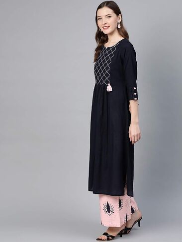 Idalia Straight Cotton Kurta with Palazzo Pant Set - Ideal for Wedding & Festive Occasions - 3/4 Sleeve, Round Neck (as1, alpha, 4x_l, regular, regular, Mustard) in Kuwait