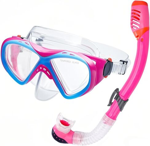 Snorkeling Gear for Kids ، Kids Snorkel Met للأعمار من 5 إلى 15 عامًا ، قناع الغوص الزجاجي المقسى والغطس مجموعة بانورامية 180 درجة in Saudi Arabia