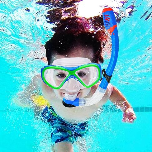 Snorkeling Gear for Kids ، Kids Snorkel Met للأعمار من 5 إلى 15 عامًا ، قناع الغوص الزجاجي المقسى والغطس مجموعة بانورامية 180 درجة in Saudi Arabia