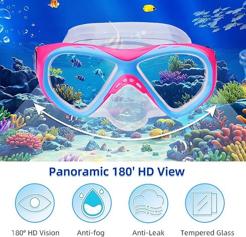 Snorkeling Gear for Kids ، Kids Snorkel Met للأعمار من 5 إلى 15 عامًا ، قناع الغوص الزجاجي المقسى والغطس مجموعة بانورامية 180 درجة in Saudi Arabia