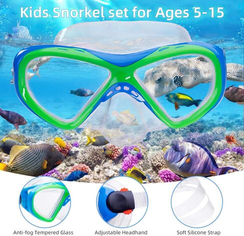 Snorkeling Gear for Kids ، Kids Snorkel Met للأعمار من 5 إلى 15 عامًا ، قناع الغوص الزجاجي المقسى والغطس مجموعة بانورامية 180 درجة in Saudi Arabia