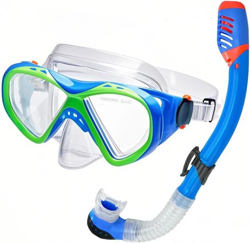 Snorkeling Gear for Kids ، Kids Snorkel Met للأعمار من 5 إلى 15 عامًا ، قناع الغوص الزجاجي المقسى والغطس مجموعة بانورامية 180 درجة in Kuwait
