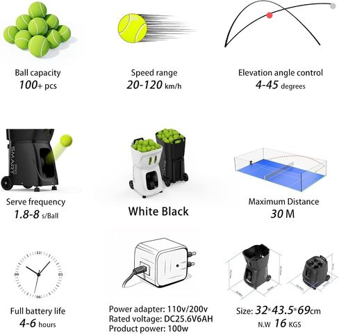 PT SMART Pro Padel Ball Machine: App & Remote Control ، 20 نقطة هبوط ، سعة 110 كرة-سرعة قابلة للتعديل 12-75 ميلاً في الساعة | بطارية 8H للنادي/المنزل in Kuwait