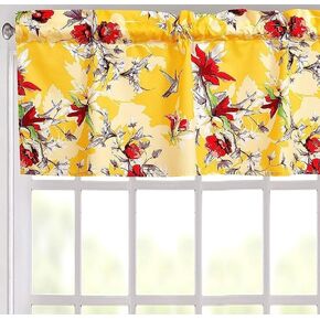 DaDa Bedding Radiant Sunshine Yellow Window Curtain Valance - Semi Sheer Natural Light Filtering Tailored Farmhouse Floral Hummingbirds - Bright Vibrant Red Flowers Kitchen Decor - 18" x 52"