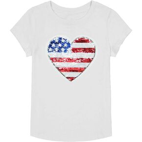 American Heart Flag Girls 4th of July Shirt USA Patriotic Kids Sequin T-Shirt for 2-7 Years