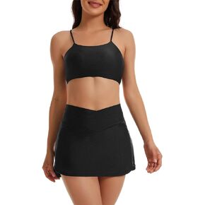 Women's Bikini Set Two Piece Swimsuit Skirt Build-in Brief with Pockets High Waisted Swim Skirt