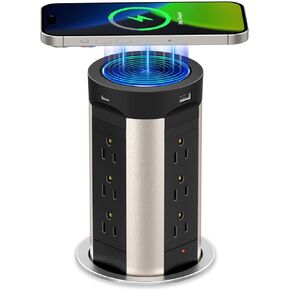 Automatic Pop Up Outlet for Countertop with 15W Wireless Charger, 75W USB C Desk Charging Station,12 Outlets & 4 USB Ports,4"Hole Desktop Power Grommet, Pop-Up Power Outlet for Kitchen Island, Office