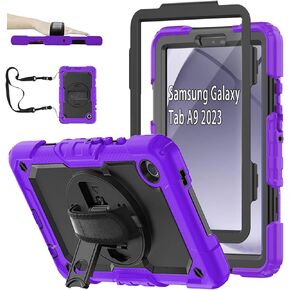 Samsung Galaxy Tab A9 Case 8.7 inch 2023( SM-X110/X115/X117)with Screen Protector Pencil Holder,Kids Shockproof Rugged Silicone Cover 360 Stand Hand Shoulder Strap for Galaxy A9 Tablet Purple