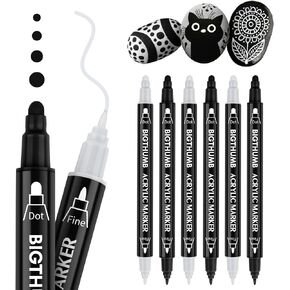 Black & White Paint Pen, 6 Pack Dual Tip Acrylic Paint Markers with Extra-fine Tip and Dot Tip, for Rock Painting, Stone, Ceramic, Glass, Wood, Tire, Fabric, Metal, Canvas, Water-based