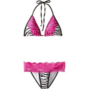 Daisy Beachwear Women's Zebra Pucker Back Bikini with Pink Lace Trim