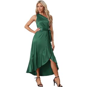 Allegra K Women's Satin Dresses One Shoulder Belted Split Ruffle Evening Cocktail Dress