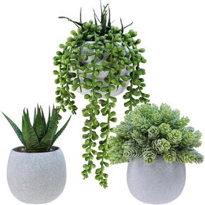 Winlyn Set of 3 Small Faux Potted Succulent Plants Artificial Trailing String of Pearls Aloe Hops Plant in Gray Ceramic Pots Desk Plant for Home Office Kitchen Bathroom Shelf Table Decorations