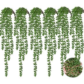 RECUTMS 6pcs Artificial Succulents Hanging Plants Fake Hanging Plants String of Pearls Faux Greenery Wall Plant Artificial Plants Indoor Outdoor Home Decor