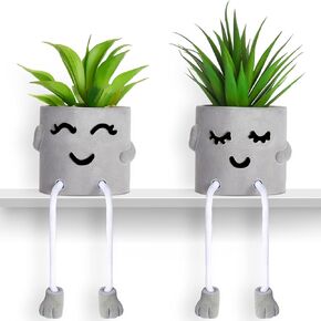 Artificial Potted Plant Faux Succulent Plant Cubicle Decor Cute Fake Desktop Plant Hanging Leg Cement Potted Decor for Bookshelf Bedroom Living Room Office Decor (Simple Style,2 Pcs)