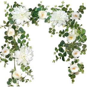 Artificial Flowers Garland, Rose Flower Vine, Artificial Eucalyptus Garland with Flowers, 6' Floral Garland for Wedding Decor Home Table Runner Mantle (White)