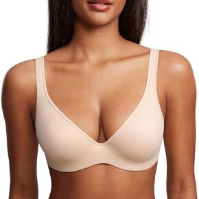 DOBREVA Women's Lightly Padded Bra T Shirt Plus Size Underwire Support Plunge Full Coverage Bras Cushioned Straps