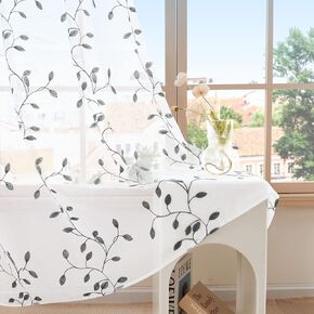 Deconovo Embroidered Sheer Curtains 84 Inches Long, Spring Rod Pocket Floral White Sheer Curtains with Leaf Pattern for Bedroom and Living Room, 2 Panels, 52x84 Inch