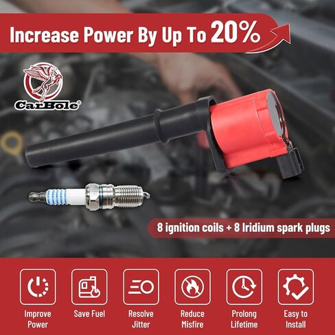 ملف الإشعال CarBole UF191 ومجموعة قابس إشعال إيريديوم SP479، متوافق مع Ford GT، Mustang، Lincoln Navigator 5.4L V8، Qvale Mangusta 4.6L V8، بديل لـ DG543 C1128 SP493 (عبوة من 8) in Saudi Arabia