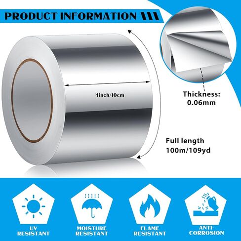 Aluminum Tape Foil Tape for Ductwork Metal Tape Insulation Metal Tape Silver Duct Tape Adhesive Aluminum for Dryer Vent Hose, Pipe, HVAC Duct Seal Repair (4" x 109 yds) in Saudi Arabia