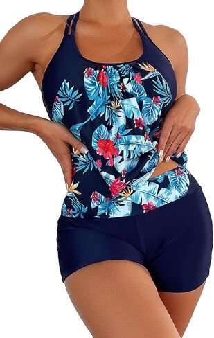 MakeMeChic Women's Tropical Print Cross Back Halter Swimsuits Sleeveless Two Piece Tankini Sets in Saudi Arabia