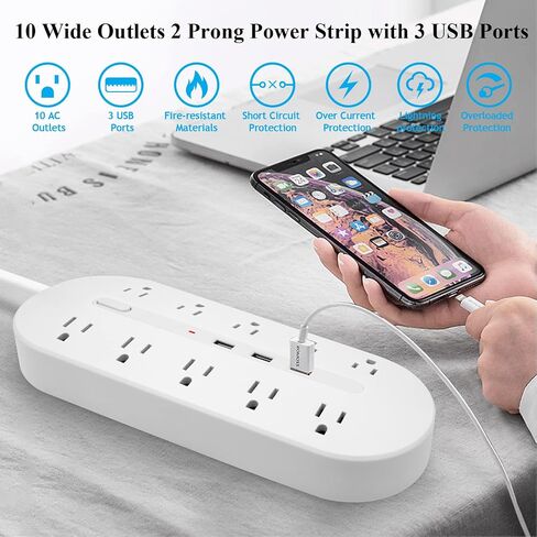 شريط طاقة 10FT 2 Prong سلك تمديد 3 أمتار، مستقطب 2 Prong إلى 3 Prong Outlet محول مع 5V 3.4A USB، 700J Surge Protector، قابل للتركيب على الحائط، مثالي للمنافذ غير المؤرضة، أسود in Kuwait