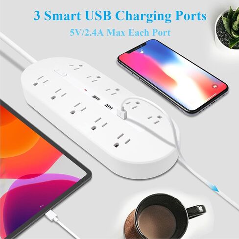 شريط طاقة 10FT 2 Prong سلك تمديد 3 أمتار، مستقطب 2 Prong إلى 3 Prong Outlet محول مع 5V 3.4A USB، 700J Surge Protector، قابل للتركيب على الحائط، مثالي للمنافذ غير المؤرضة، أسود in Kuwait