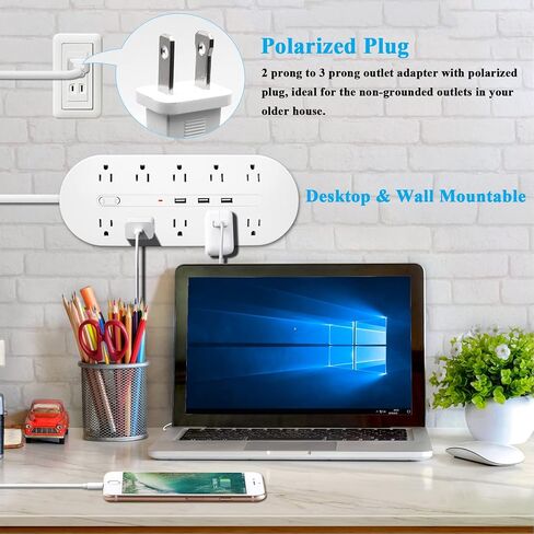 شريط طاقة 10FT 2 Prong سلك تمديد 3 أمتار، مستقطب 2 Prong إلى 3 Prong Outlet محول مع 5V 3.4A USB، 700J Surge Protector، قابل للتركيب على الحائط، مثالي للمنافذ غير المؤرضة، أسود in Kuwait