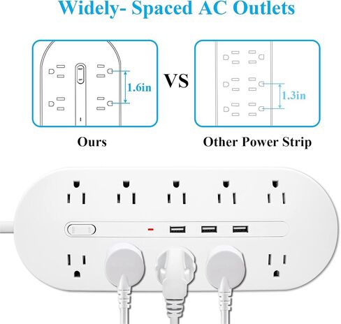 شريط طاقة 10FT 2 Prong سلك تمديد 3 أمتار، مستقطب 2 Prong إلى 3 Prong Outlet محول مع 5V 3.4A USB، 700J Surge Protector، قابل للتركيب على الحائط، مثالي للمنافذ غير المؤرضة، أسود in Kuwait