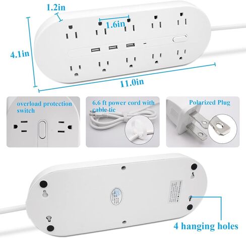 شريط طاقة 10FT 2 Prong سلك تمديد 3 أمتار، مستقطب 2 Prong إلى 3 Prong Outlet محول مع 5V 3.4A USB، 700J Surge Protector، قابل للتركيب على الحائط، مثالي للمنافذ غير المؤرضة، أسود in Kuwait