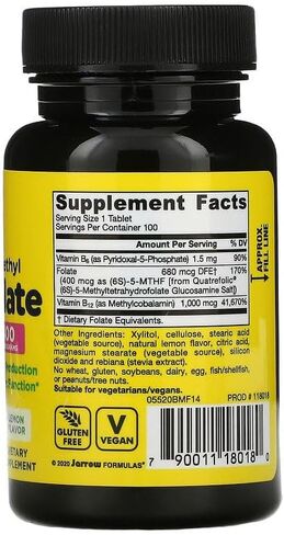 Jarrow Formulas Methyl B-12 & Methyl Folate - 100 Chewable Tablets, Lemon - Pack of 2 - Bioactive Vitamin B12 & B9 - Supports Energy Production, Brain Function & Metabolism - 200 Total Servings in Saudi Arabia