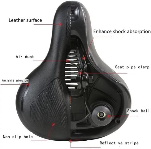 مقعد دراجة مريح كبير الحجم مع كرة مزدوجة ممتصة للصدمات، سرج دراجة عريض مقاوم للماء، مقعد دراجة للرجال والنساء مناسب للدراجات الداخلية والخارجية مع عاكس in Kuwait