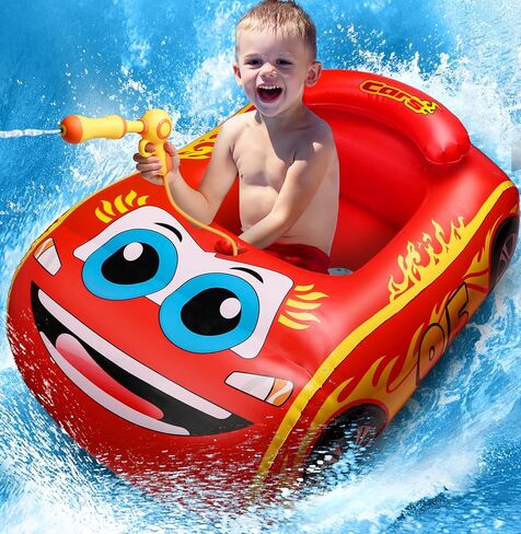 HopeRock Pool Float Kids with Water Gun، لعبة حمام السباحة للأطفال الصغار القابلة للنفخ للركوب على حمام السباحة للأولاد الذين تتراوح أعمارهم بين 3-8 سنوات، من أجل متعة الصيف للأطفال، ألعاب ركوب حمام السباحة (أحمر) in Kuwait